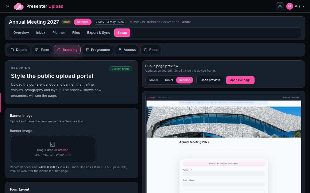 Conference settings branding section with logo, banner, colour controls and portal preview.
