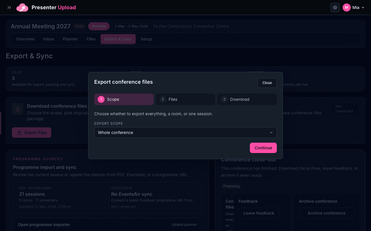 Export wizard for selecting conference file packages.