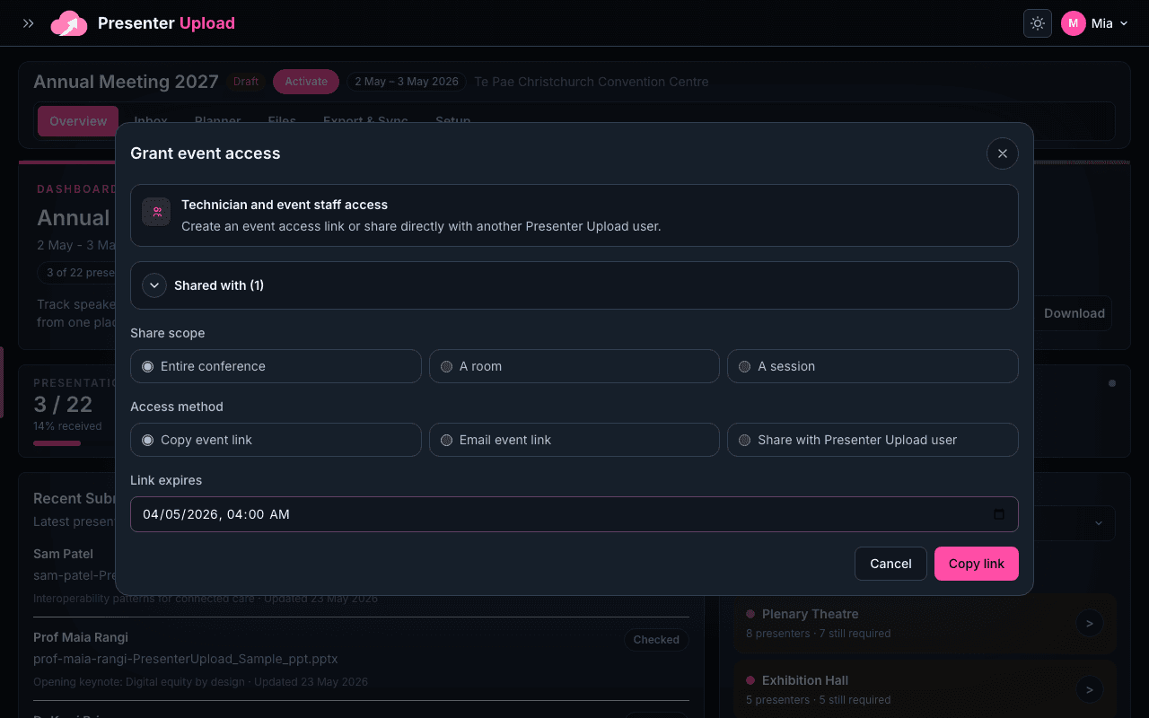 Event share access modal for AV team download links.