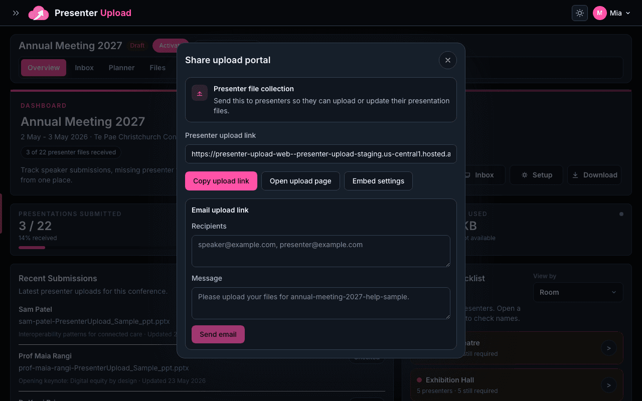 Share upload portal modal with presenter link and preview options.