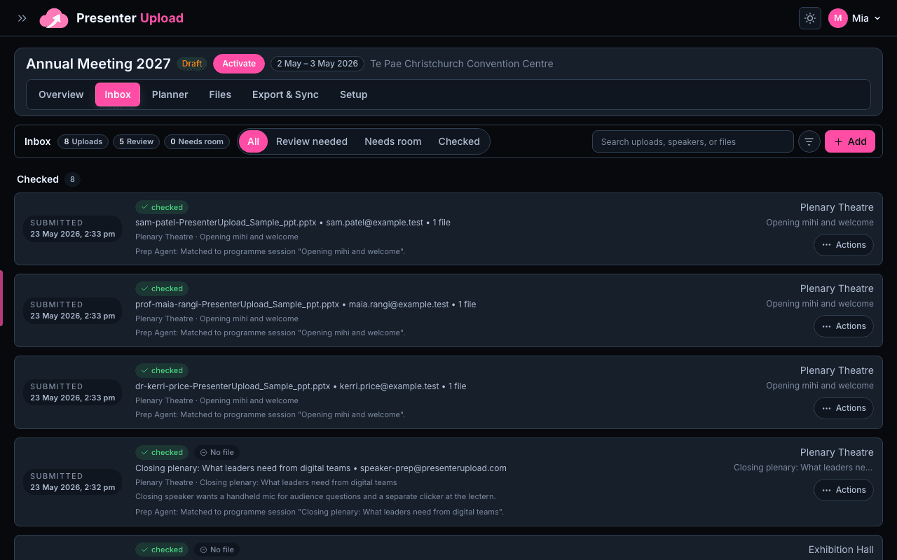 Inbox showing presenter submissions ready for review.